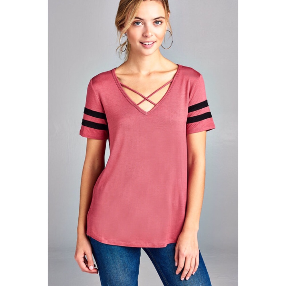 stripe v-neck w/cross strap
